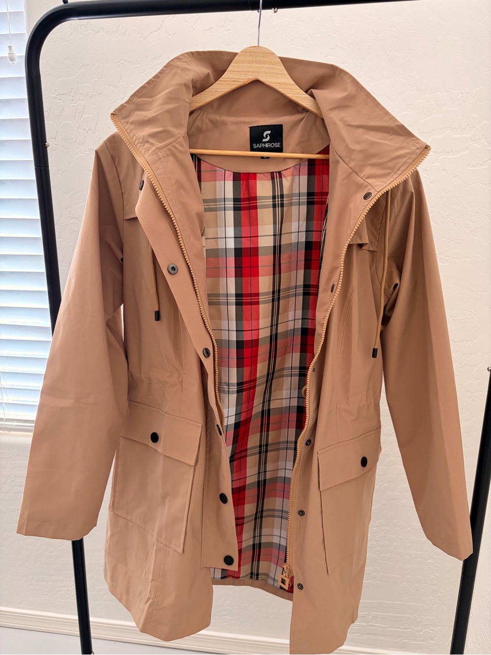 Saphrose Women's Tan Trench Coat with Plaid Lining